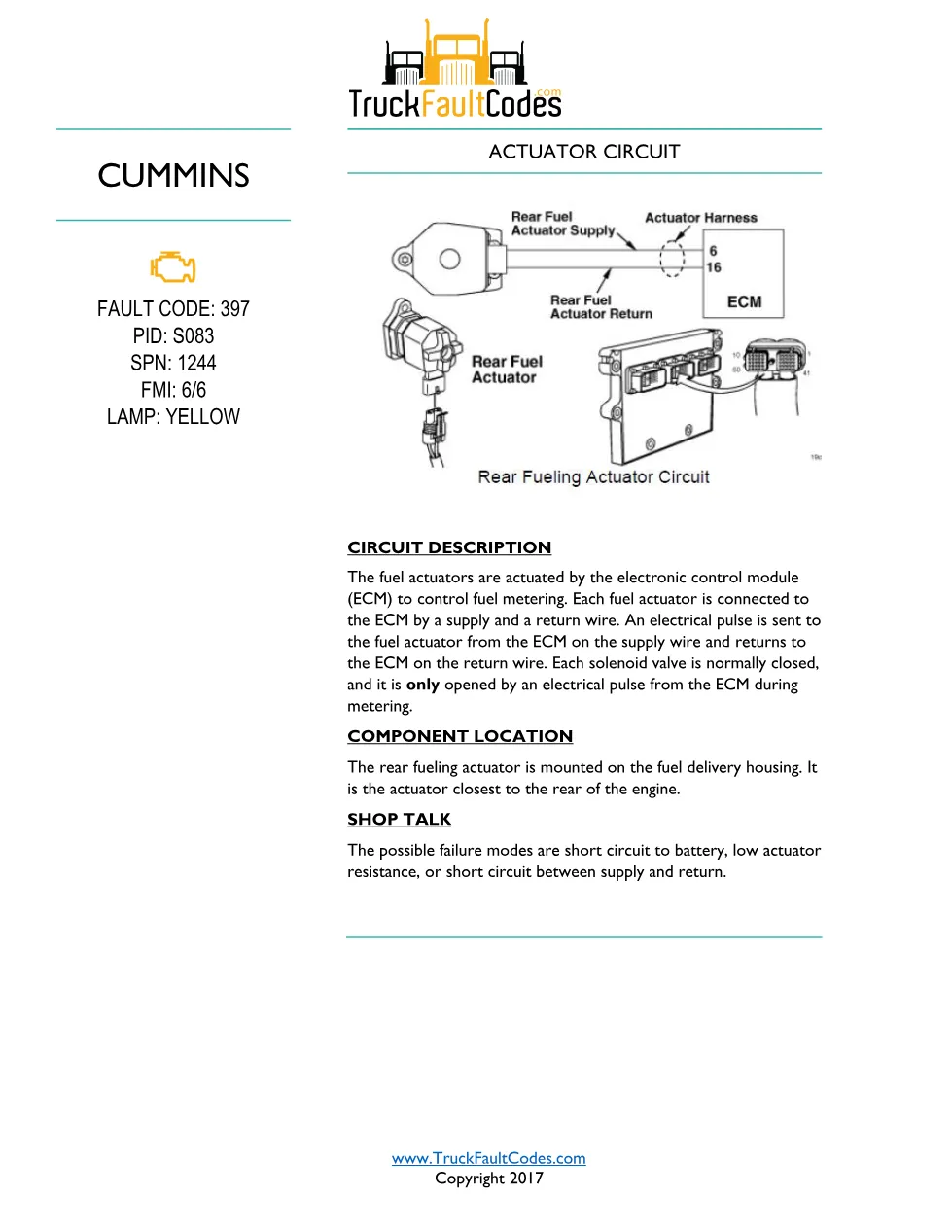 Cummins ISM code 397 Actuator circuit DTC troubleshooting manual - preview page 1 of 5