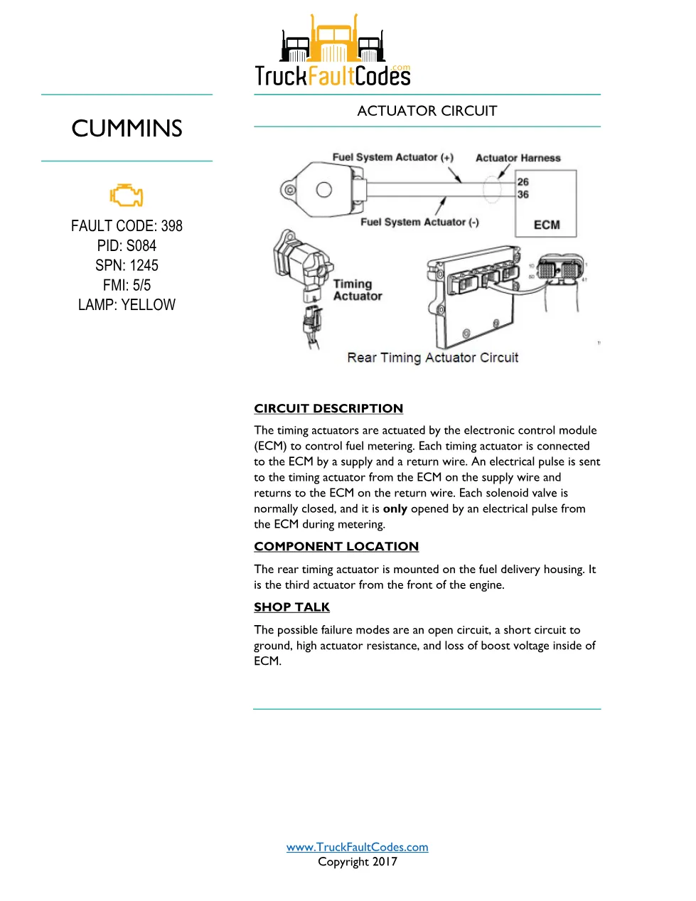 Cummins ISM code 398 Actuator circuit DTC troubleshooting manual - preview page 1 of 5