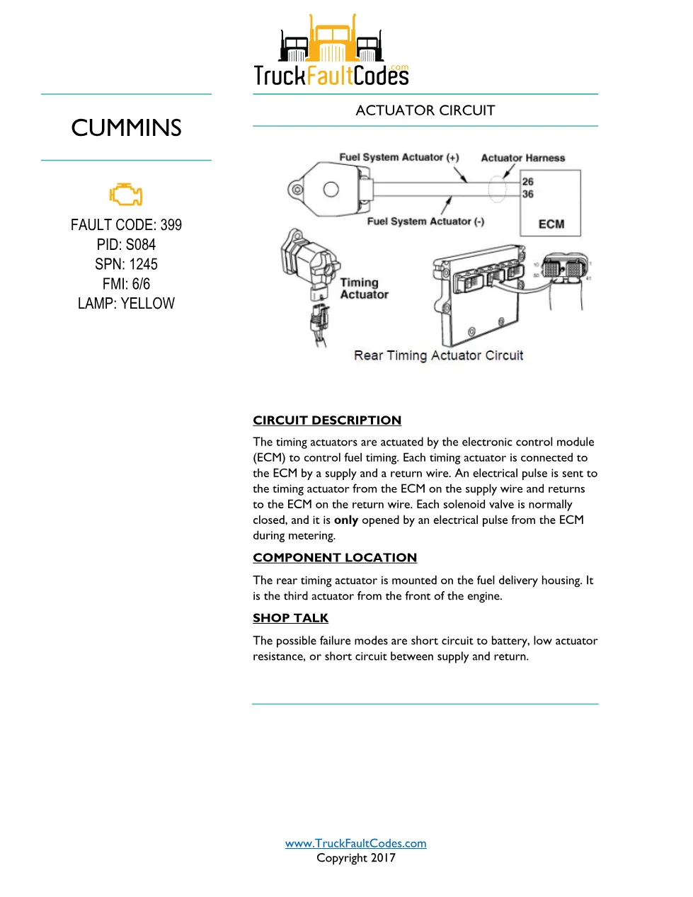 Cummins ISM code 399 Actuator circuit DTC troubleshooting manual - preview page 1 of 5