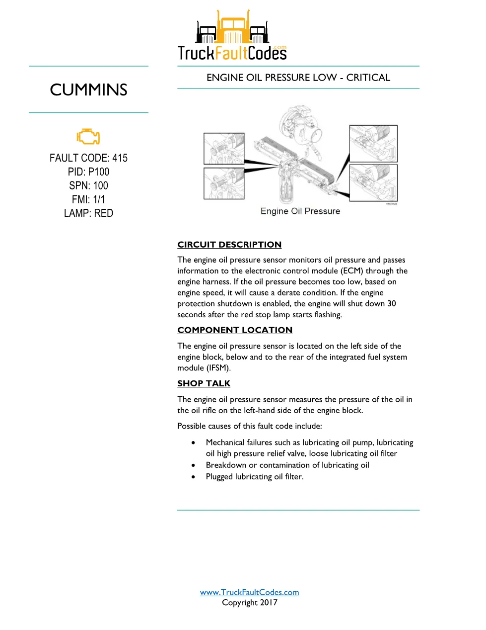 Cummins ISM code 415 Engine oil pressure low (critical) DTC - preview page 1 of 2