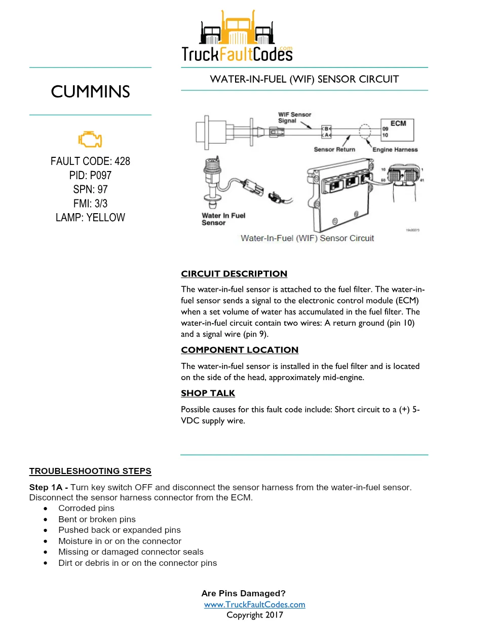 Cummins ISM code 428 Water-in-fuel (WIF) sensor circuit DTC - preview page 1 of 4