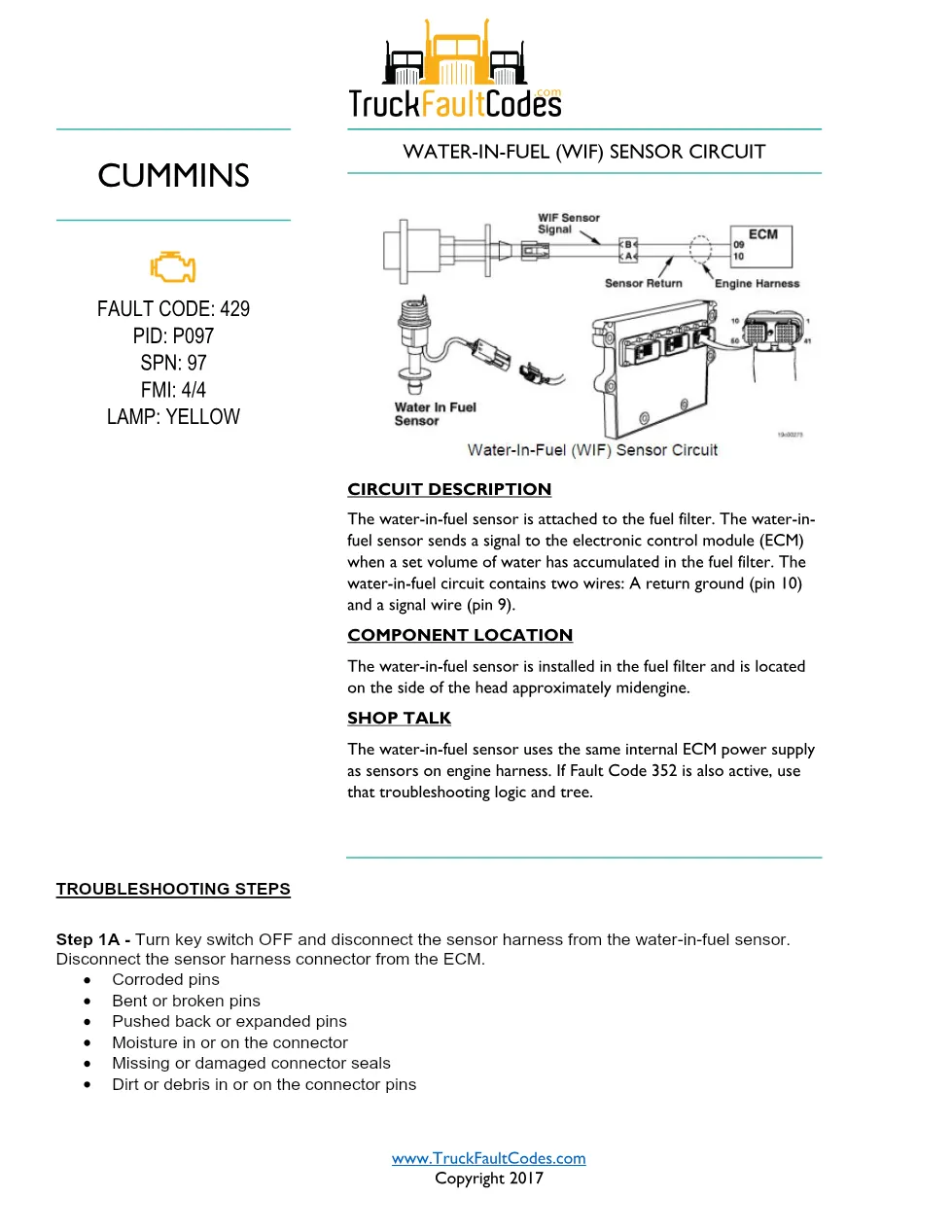Cummins ISM code 429 Water-in-fuel (WIF) sensor circuit DTC - preview page 1 of 4