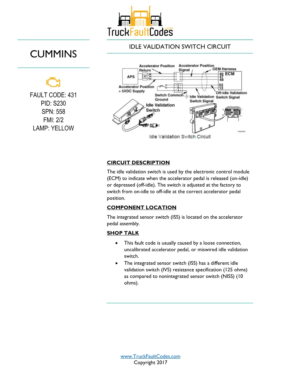 Cummins ISM code 431 Idle validation switch circuit DTC – Service - preview page 1 of 6