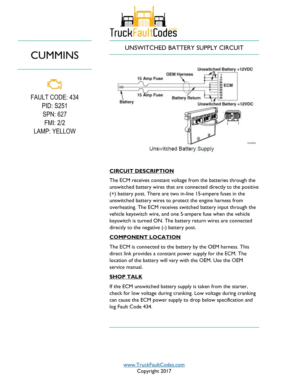 Cummins ISM code 434 Unswitched battery supply circuit DTC - preview page 1 of 6