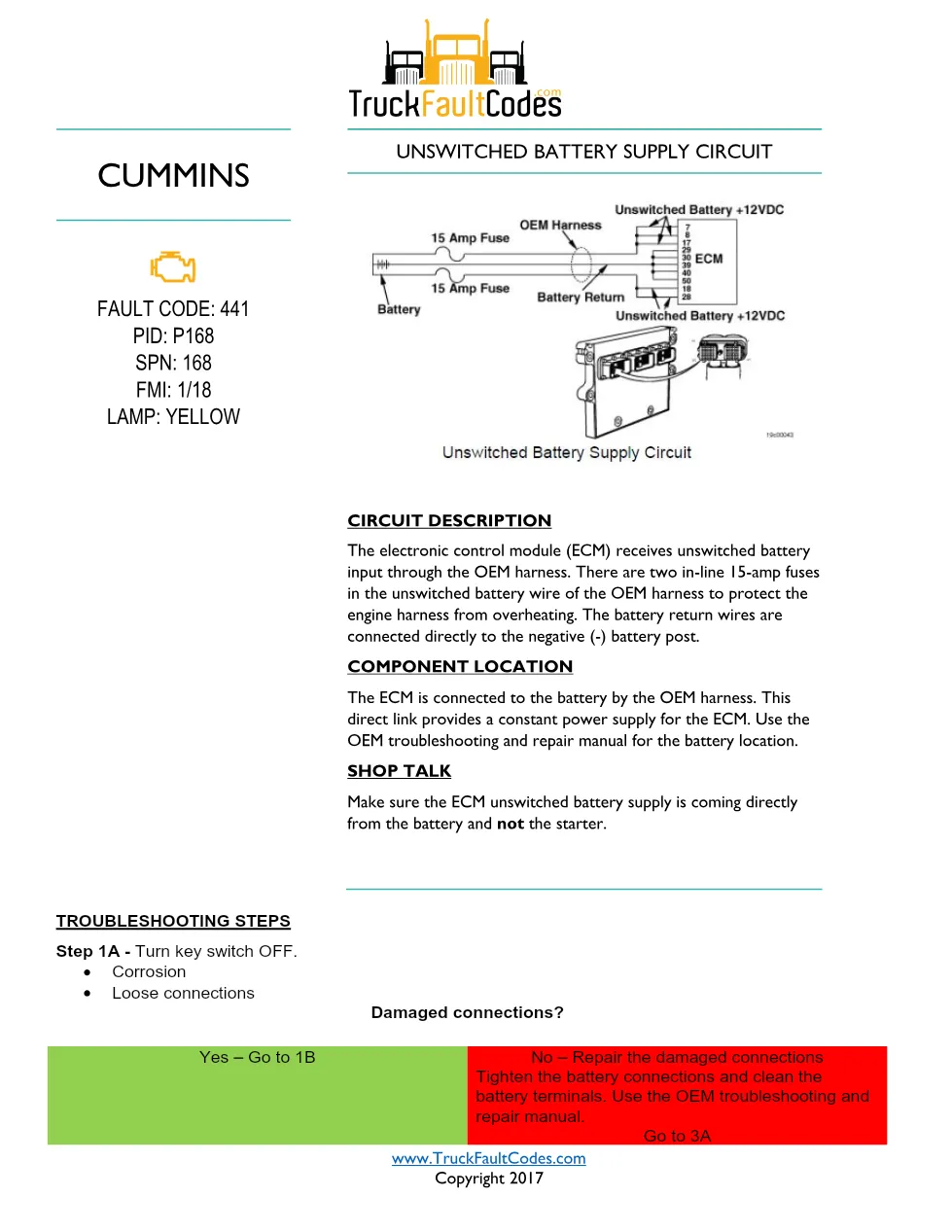 Cummins ISM code 441 Unswitched battery supply circuit DTC - preview page 1 of 5