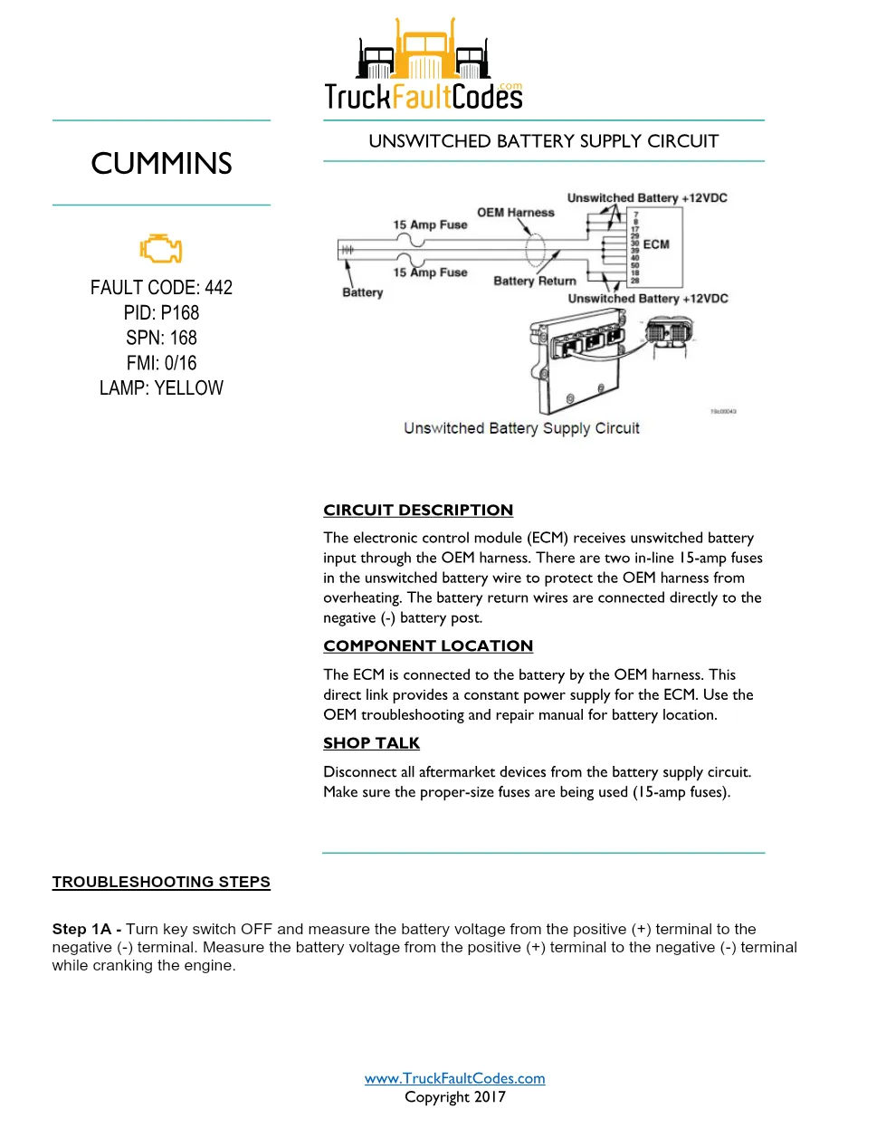 Cummins ISM code 442 Unswitched battery supply circuit DTC - preview page 1 of 2