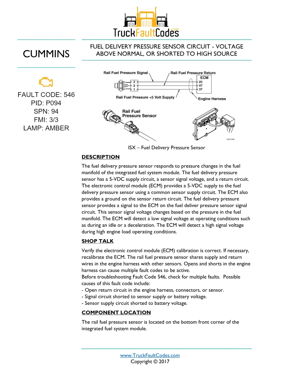 Cummins ISM code 546 — Lamp: Amber Fuel Delivery Pressure Sensor - preview page 1 of 5
