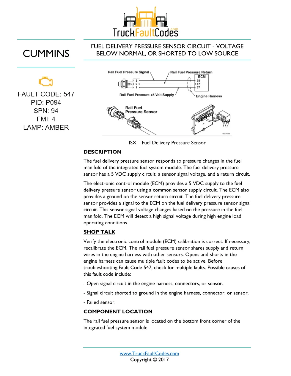 Cummins ISM code 547 — Lamp: Amber Fuel Delivery Pressure Sensor - preview page 1 of 5