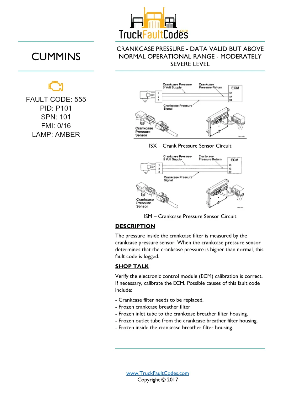 Cummins ISM code 555 — Lamp: Amber Crankcase Pressure – Data - preview page 1 of 2