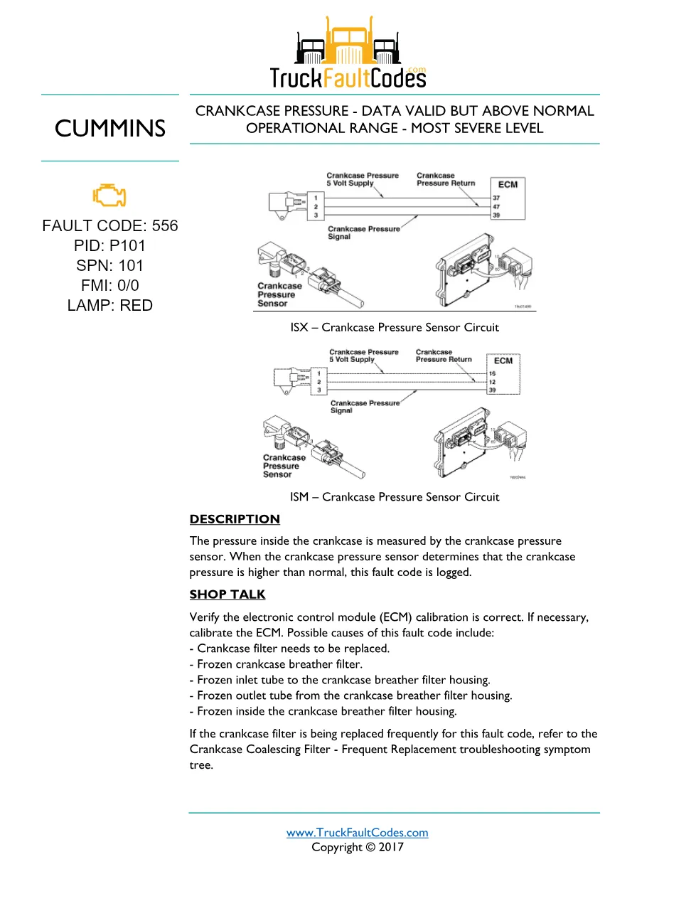 Cummins ISM code 556 — Lamp: Red Crankcase Pressure – Data Valid - preview page 1 of 2