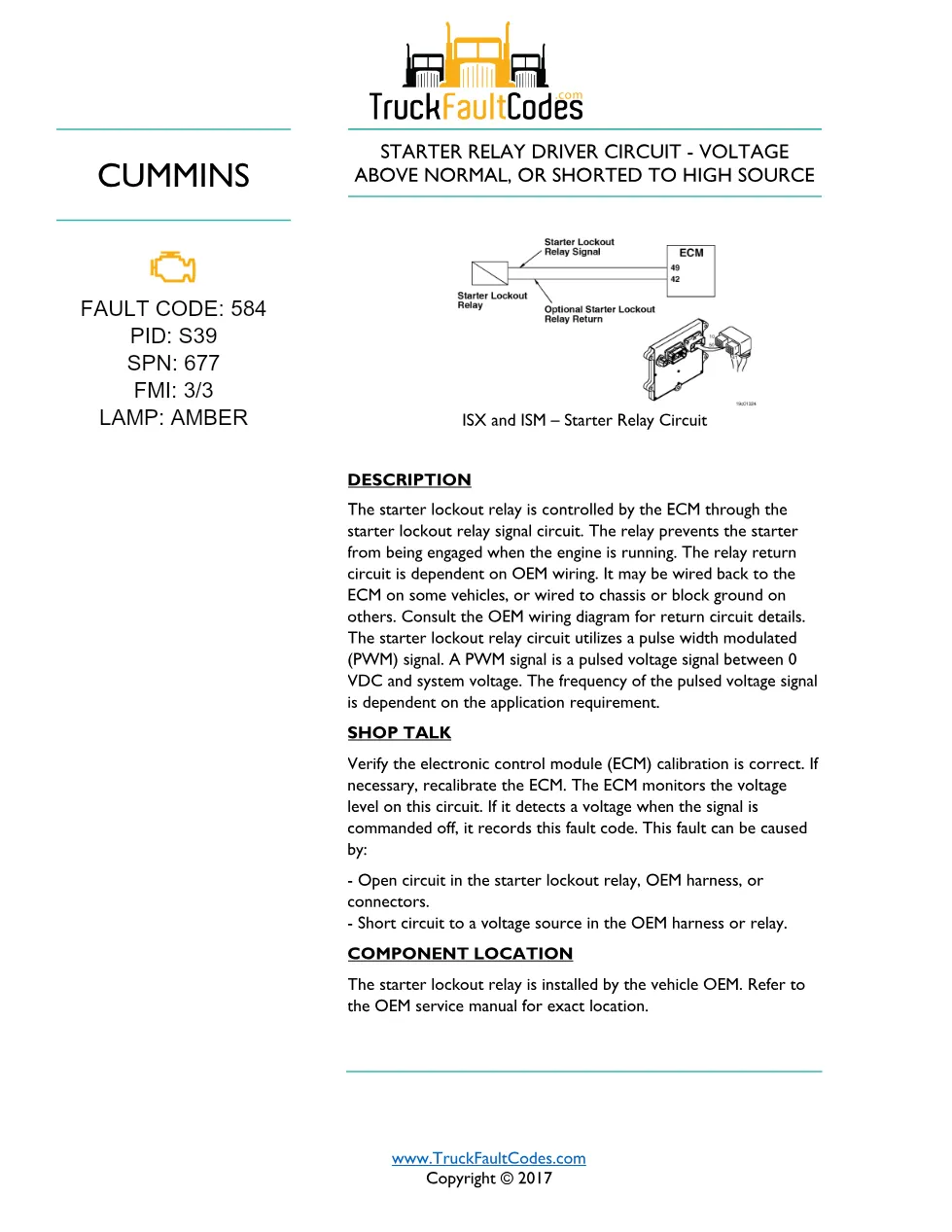 Cummins ISM code 584 — Lamp: Amber Starter Relay Driver Circuit - preview page 1 of 5
