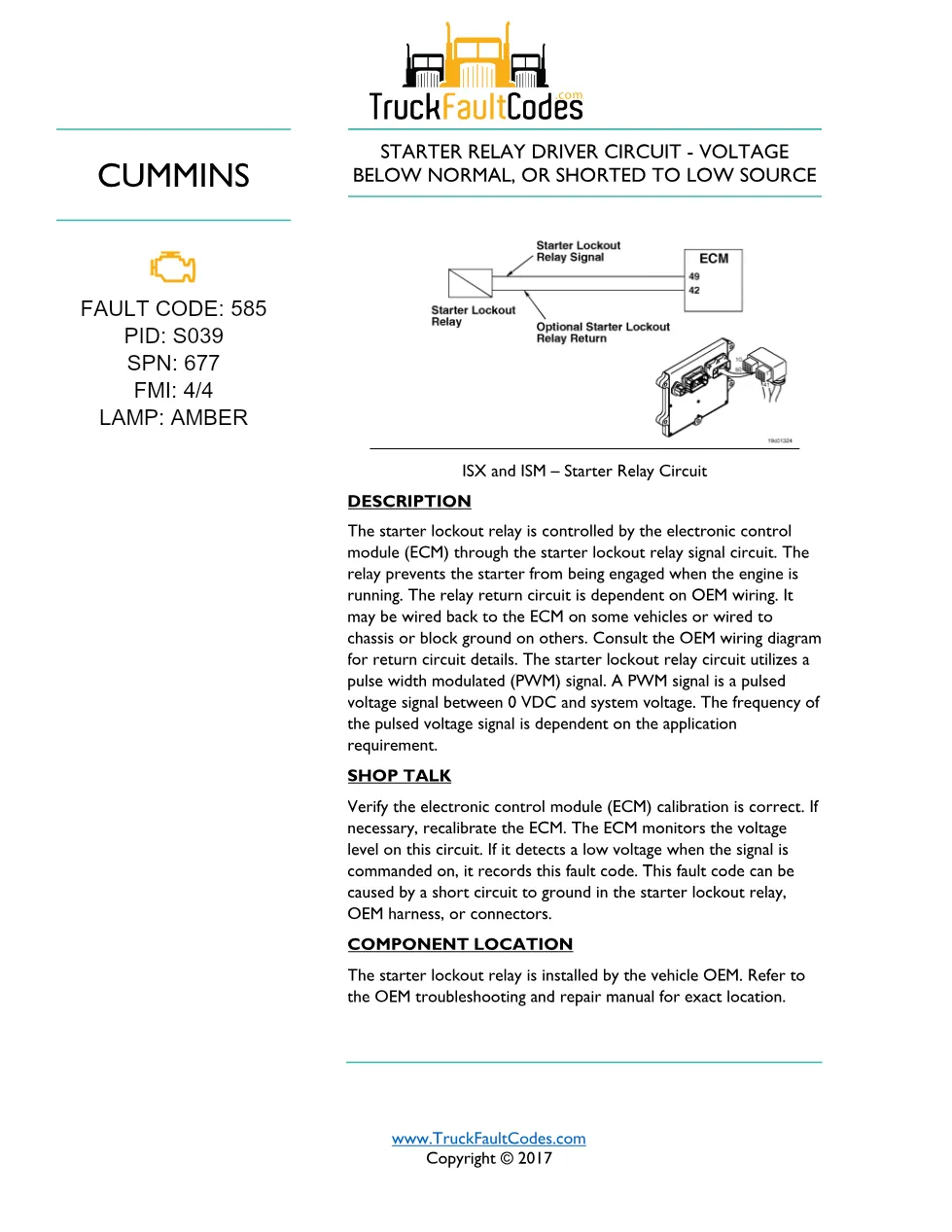 Cummins ISM code 585 — Lamp: Amber Starter Relay Driver Circuit - preview page 1 of 5