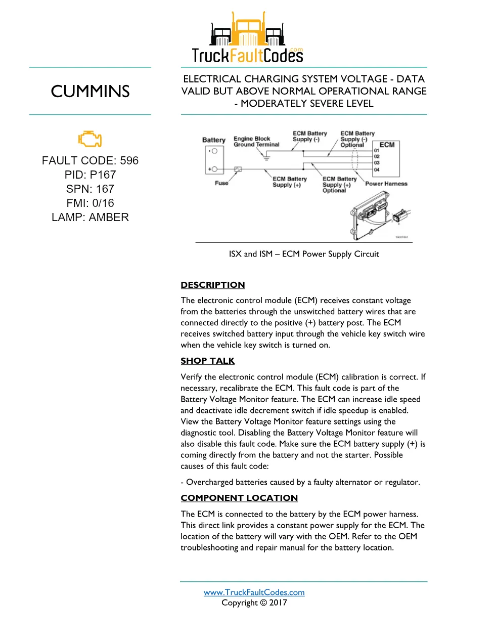 Cummins ISM code 596 — Lamp: Amber Electrical Charging System - preview page 1 of 3