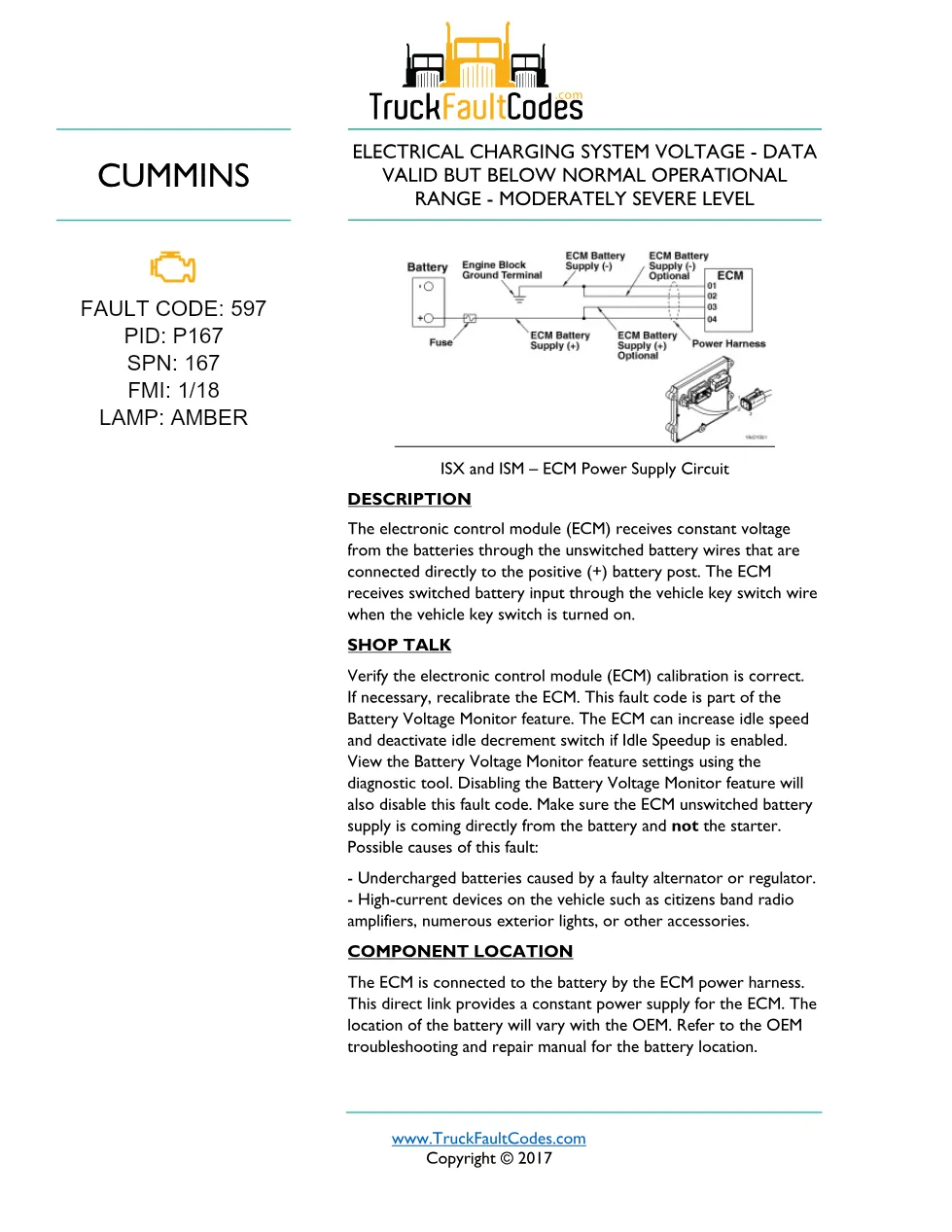 Cummins ISM code 597 — Lamp: Amber Electrical Charging System - preview page 1 of 5