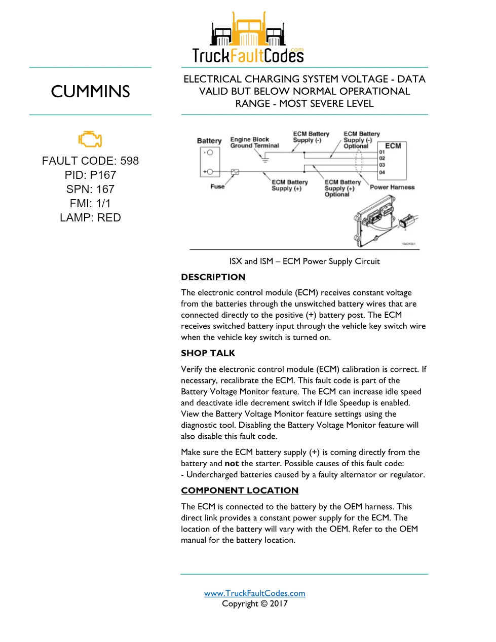 Cummins ISM code 598 — Lamp: Red Electrical Charging System - preview page 1 of 5