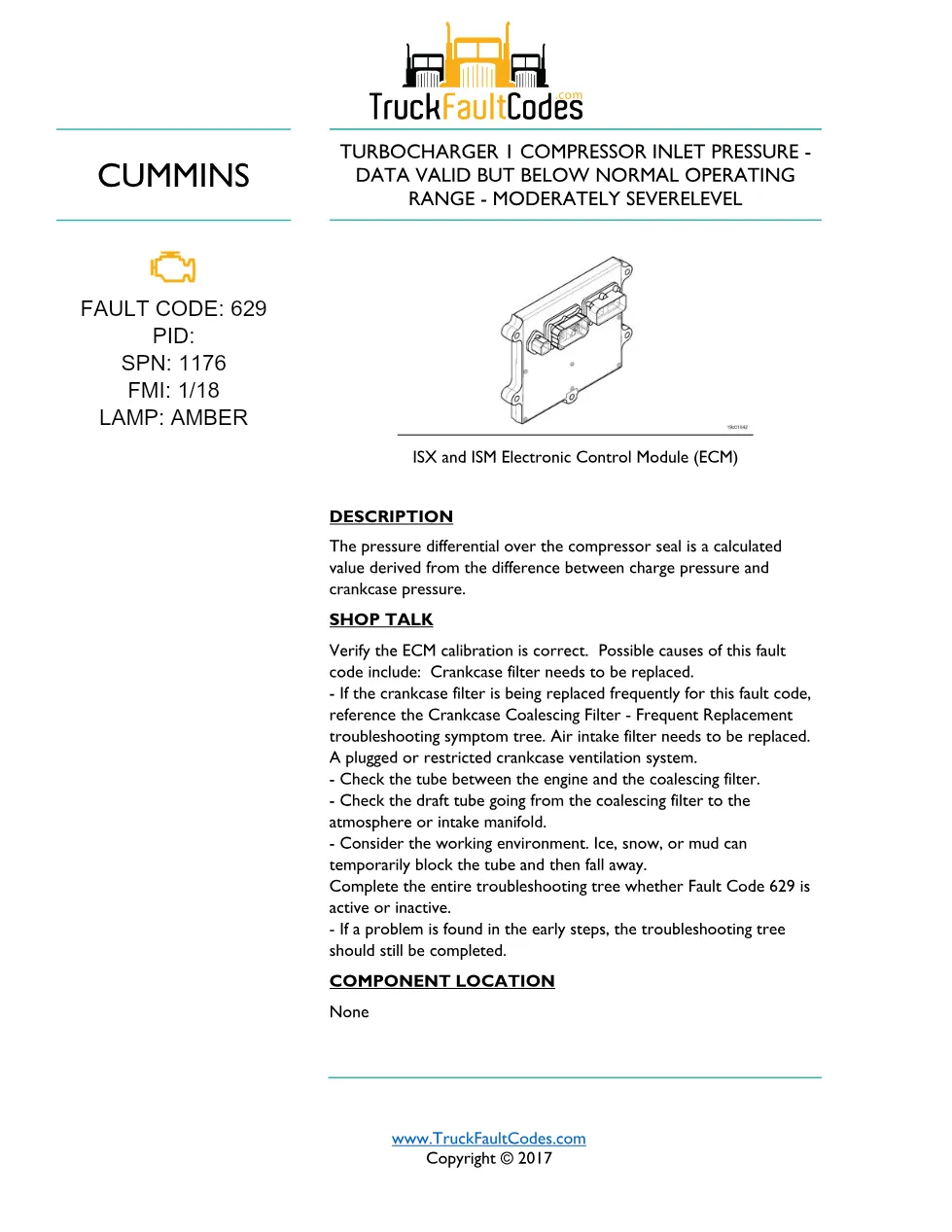 Cummins ISM code 629 — Lamp: Amber Turbocharger 1 Compressor - preview page 1 of 4