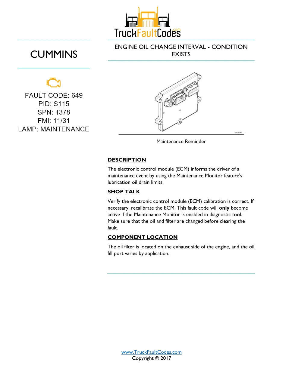 Cummins ISM code 649 — Lamp: Maintenance Engine Oil Change - preview page 1 of 2