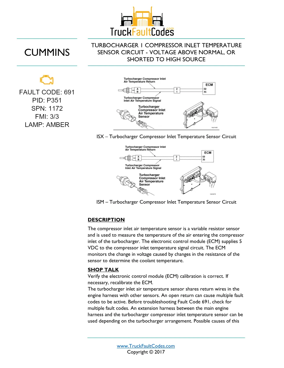 Cummins ISM code 691 — Lamp: Amber Turbocharger 1 Compressor - preview page 1 of 6