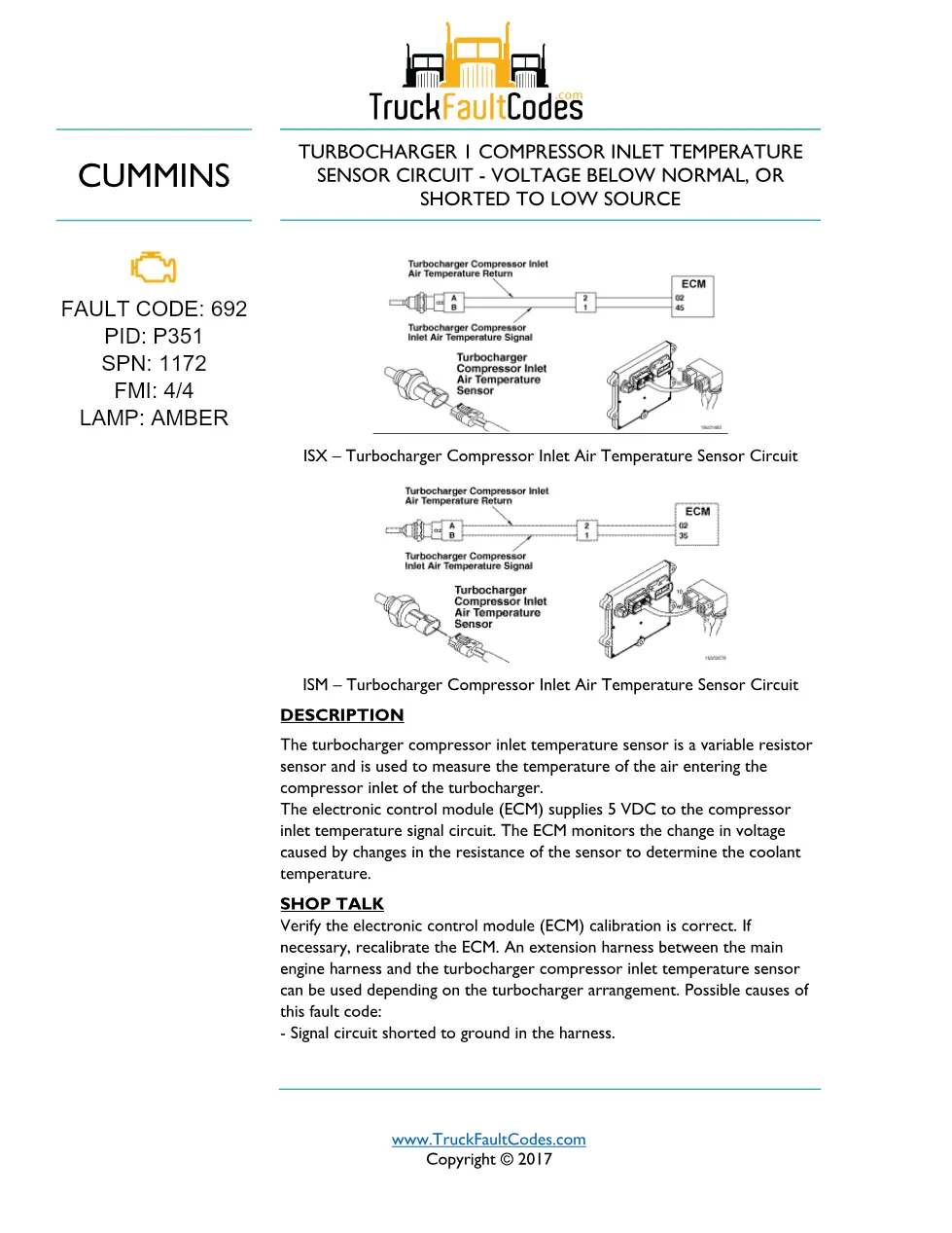Cummins ISM code 692 — Lamp: Amber Turbocharger 1 Compressor - preview page 1 of 5