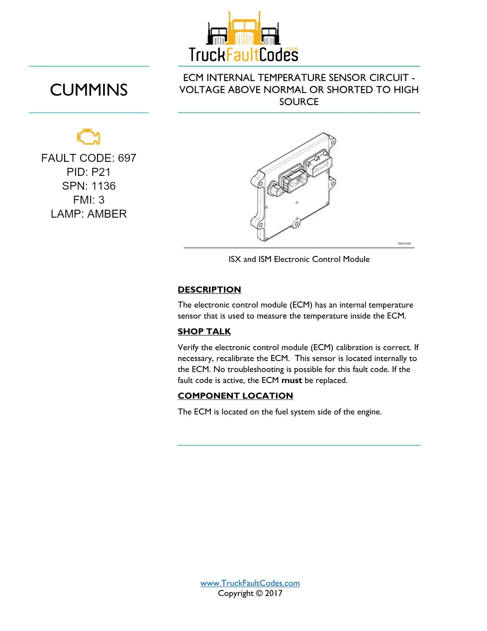Cummins ISM code 697 — Lamp: Amber ECM Internal Temperature - preview page 1 of 2