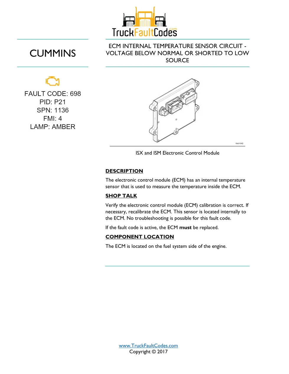 Cummins ISM code 698 troubleshooting guide – ISM CM871 diagnostic - preview page 1 of 2