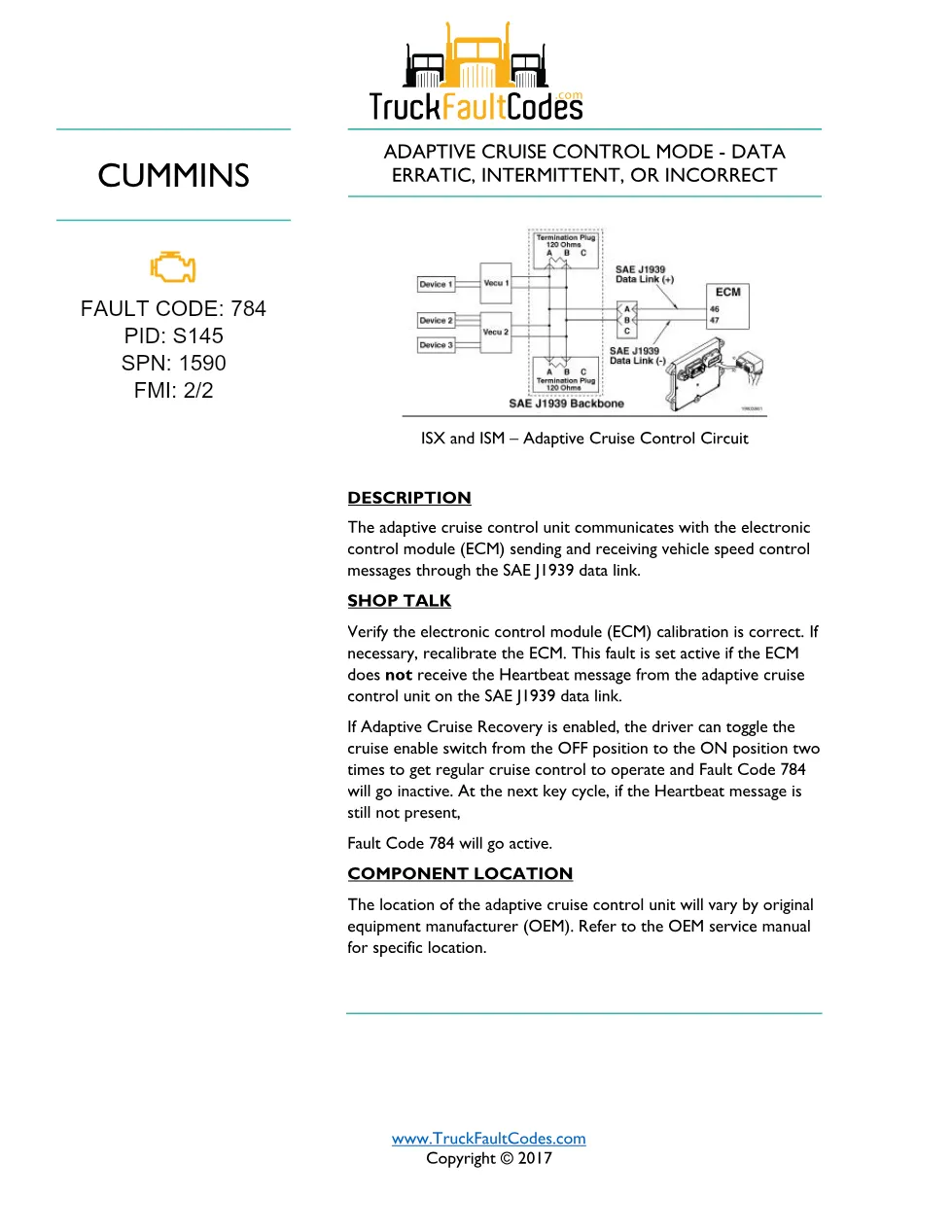 Cummins ISM code 784 — Adaptive Cruise Control Mode – Data - preview page 1 of 3