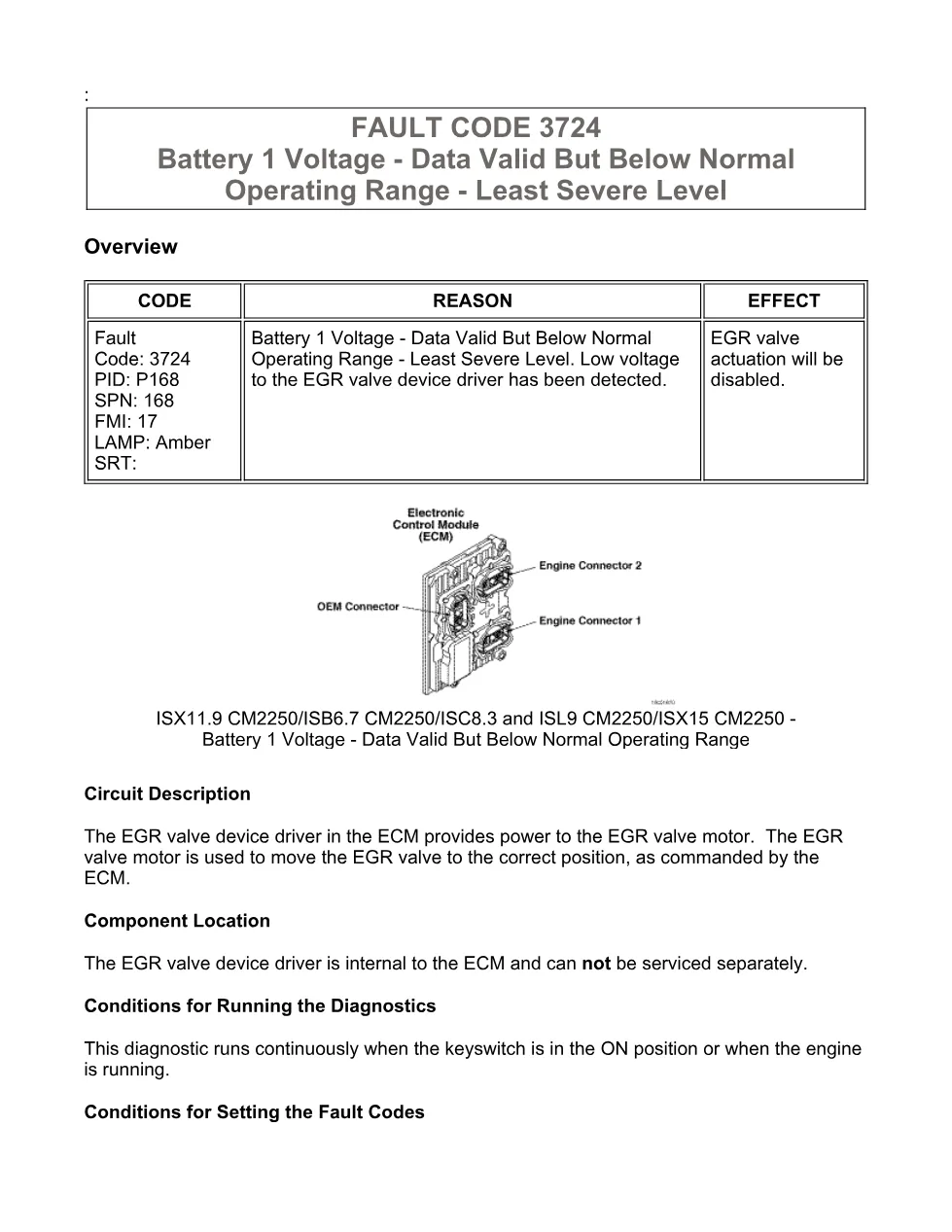 Cummins ISX code 3724 — Battery 1 Voltage below range DTC (SPN - preview page 1 of 6