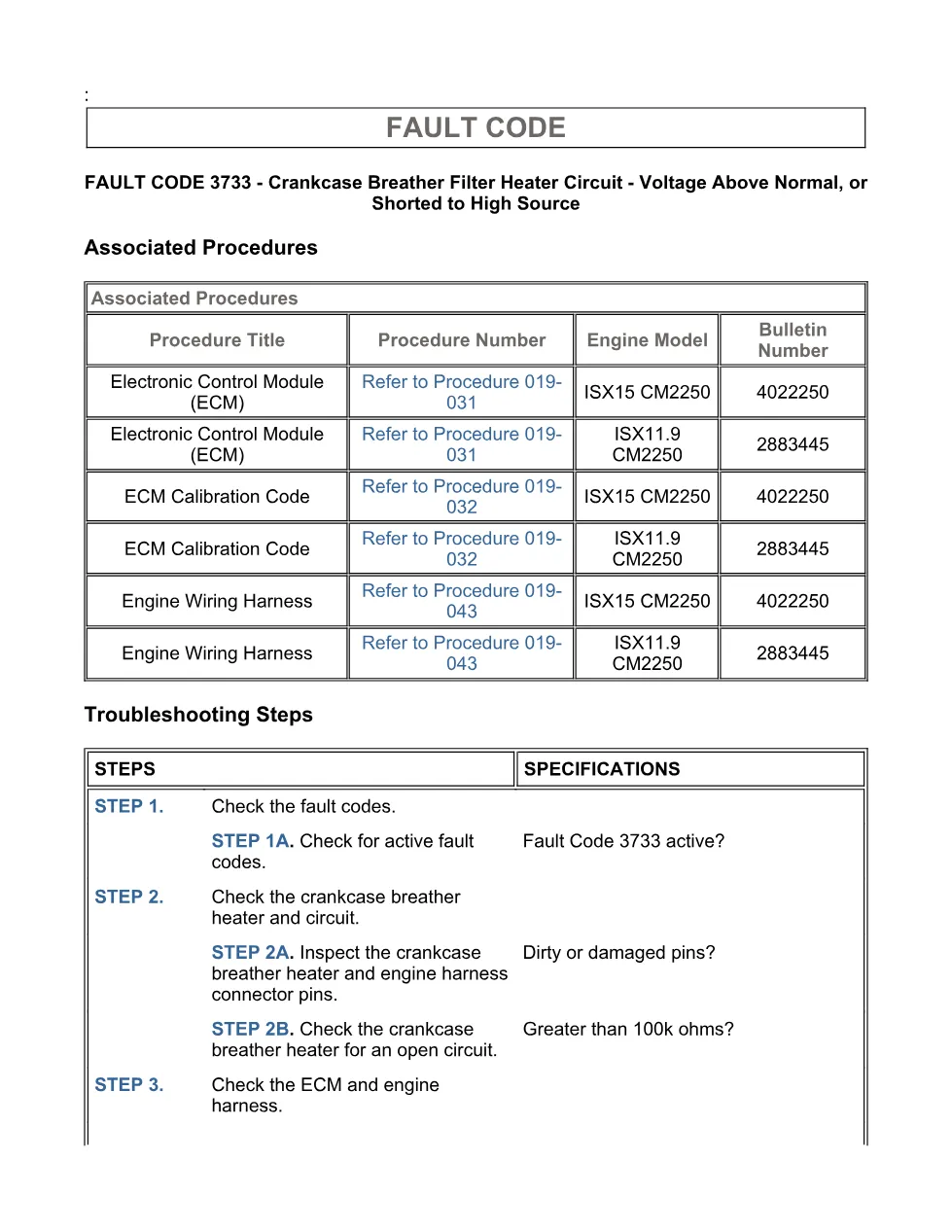 Cummins ISX code 3733 — Crankcase Breather Heater high voltage - page 3 is available after signing in