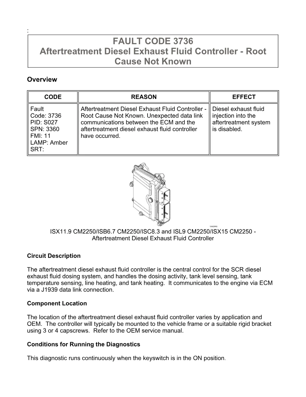 Cummins ISX code 3736 — DEF Controller root cause unknown DTC - preview page 1 of 6