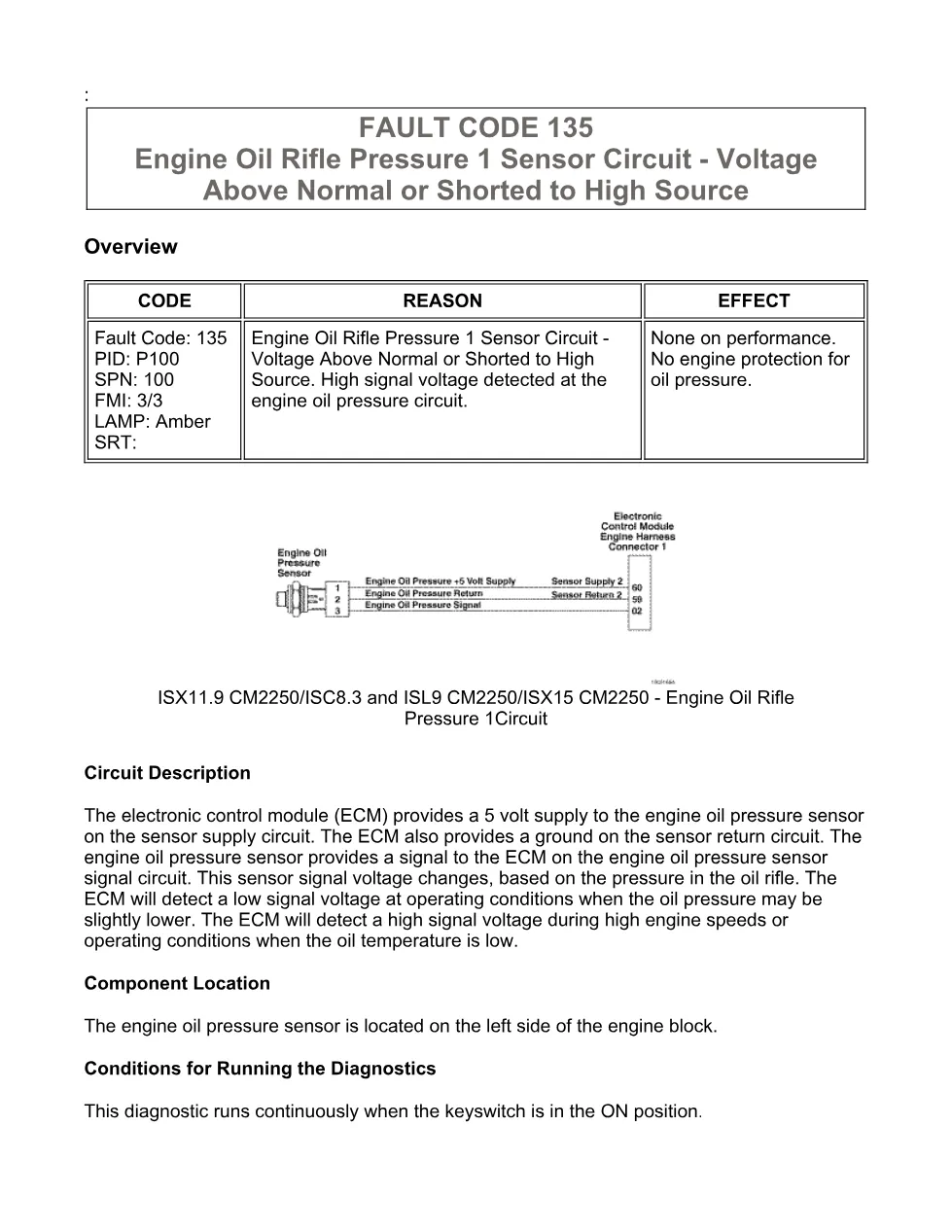 Cummins ISX11.9 code 135 — Engine Oil Rifle Pressure 1 Sensor - preview page 1 of 6