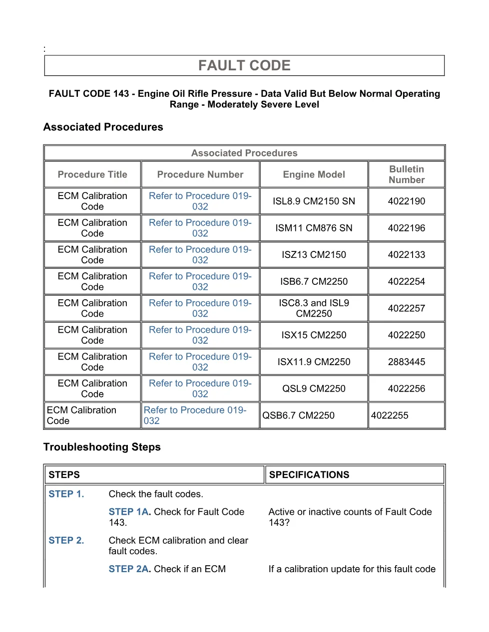 Cummins ISX11.9 code 143: Engine Oil Rifle Pressure (SPN 100 FMI - page 3 is available after signing in