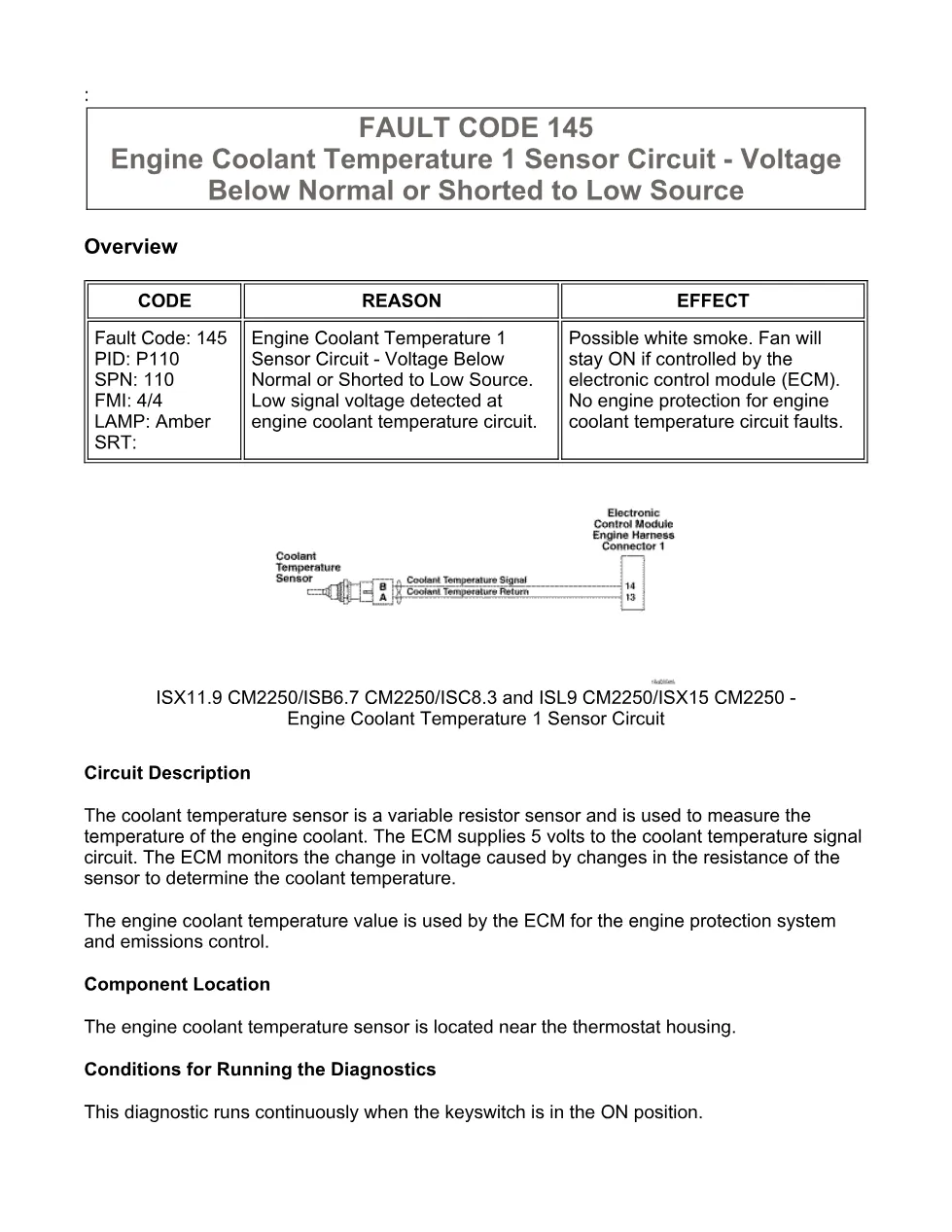 Cummins ISX11.9 code 145: Engine Coolant Temperature 1 Sensor - preview page 1 of 6