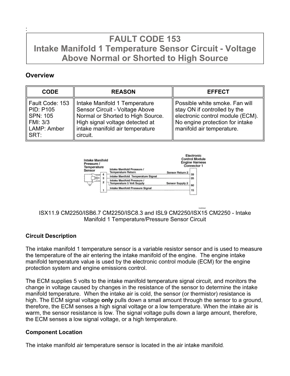 Cummins ISX11.9 code 153 — Intake Manifold 1 Temperature Sensor - preview page 1 of 6