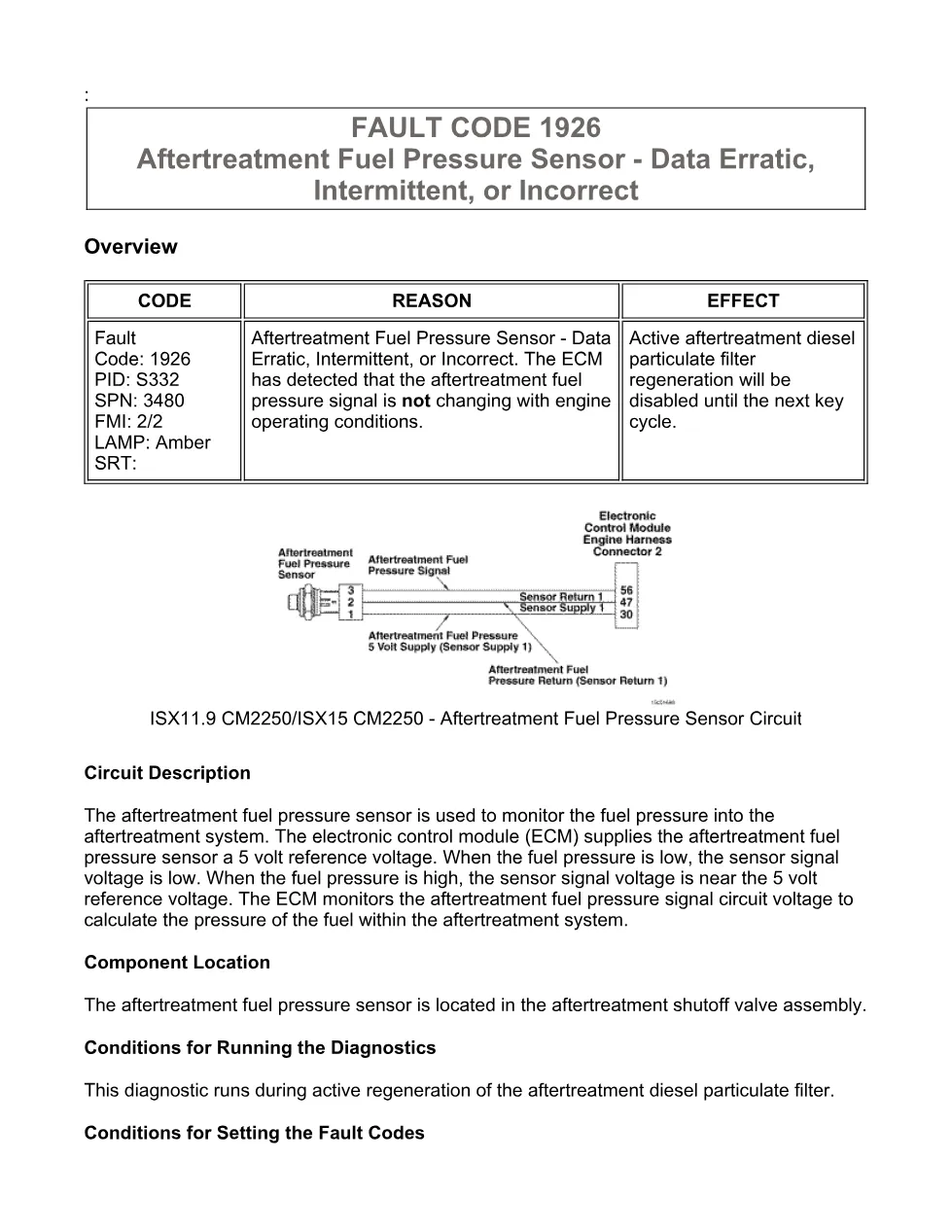 Cummins ISX11.9 code 1926 — aftertreatment fuel pressure sensor - preview page 1 of 6