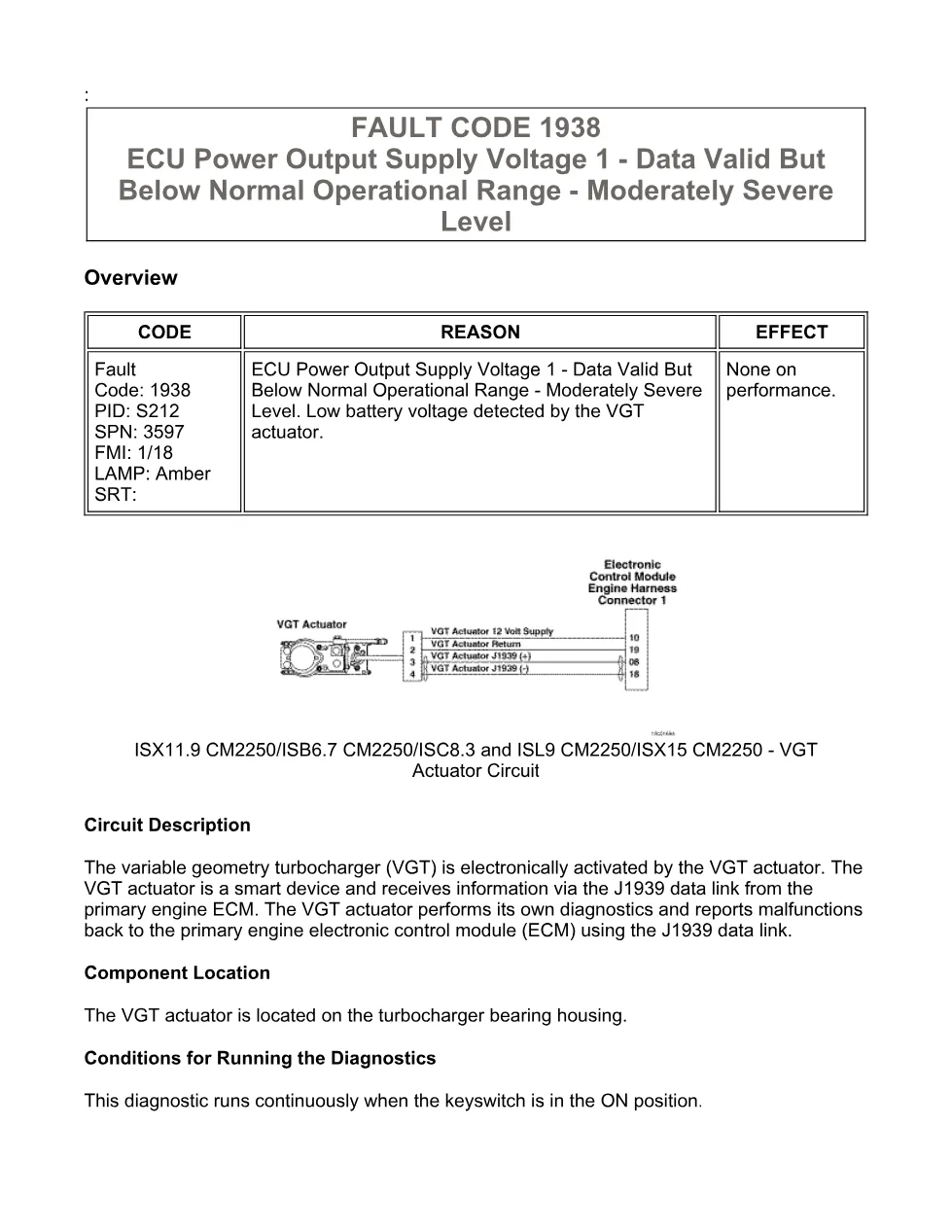 Cummins ISX11.9 code 1938 — ECU power output supply voltage 1 low - preview page 1 of 6