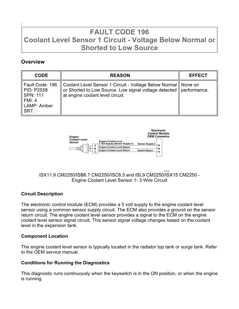 Cummins ISX11.9 code 196: Coolant Level Sensor 1 Circuit (SPN 111 - preview page 1 of 6