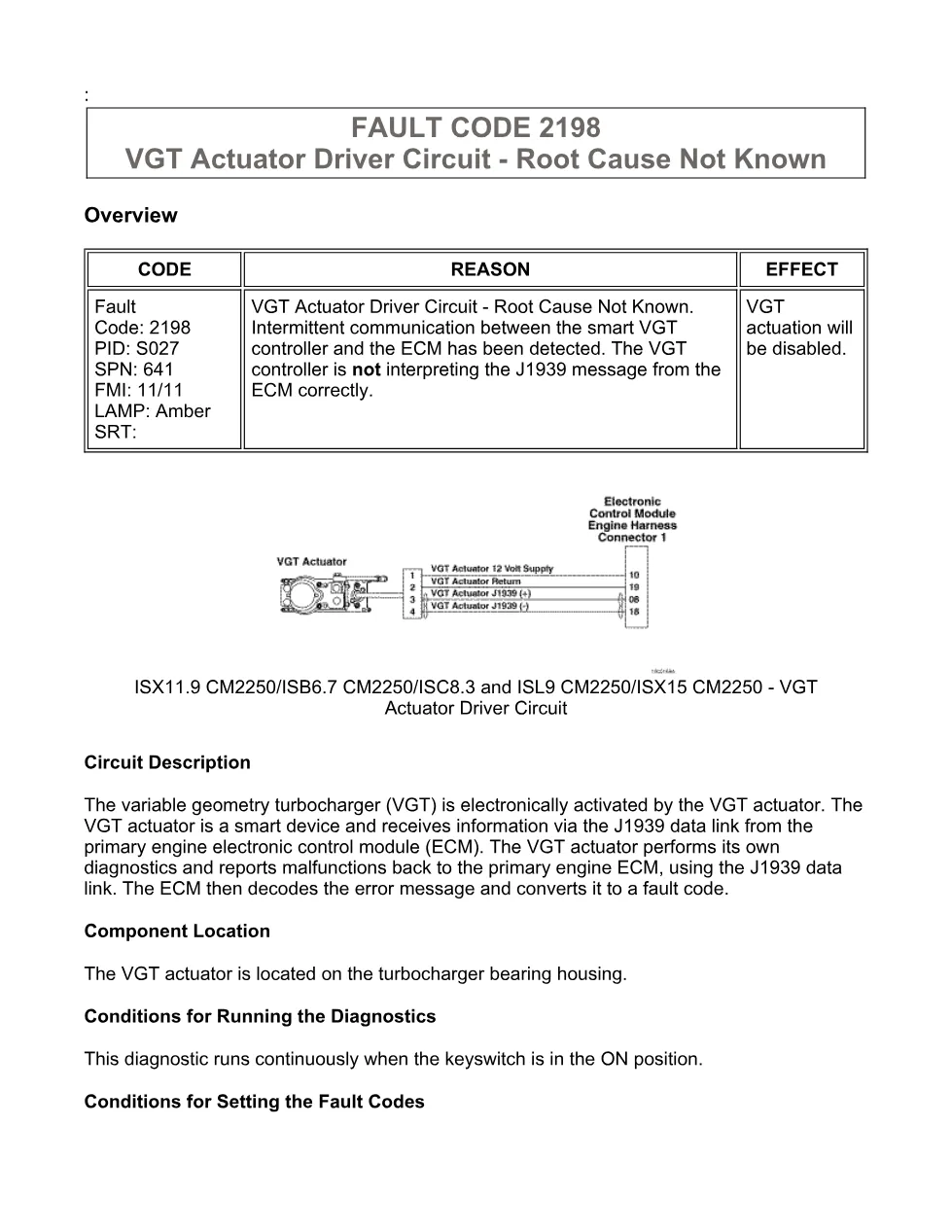 Cummins ISX11.9 code 2198 — VGT actuator driver circuit fault - preview page 1 of 6