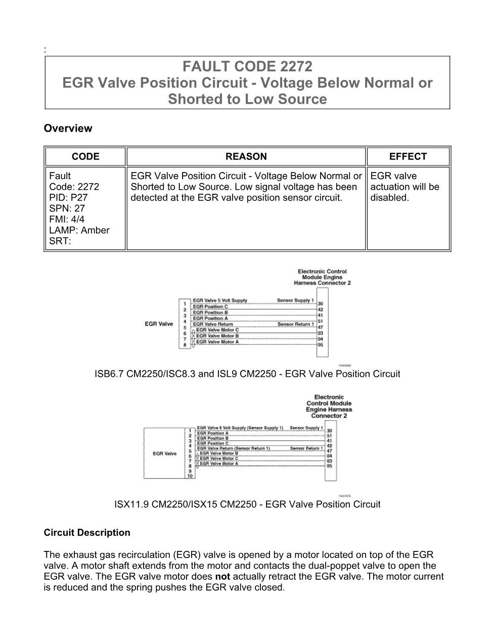 Cummins ISX11.9 code 2272 — EGR valve position circuit low - preview page 1 of 6