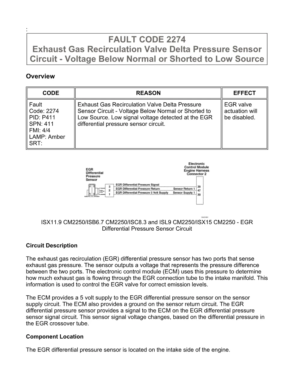 Cummins ISX11.9 code 2274 — EGR delta pressure sensor low voltage - preview page 1 of 6