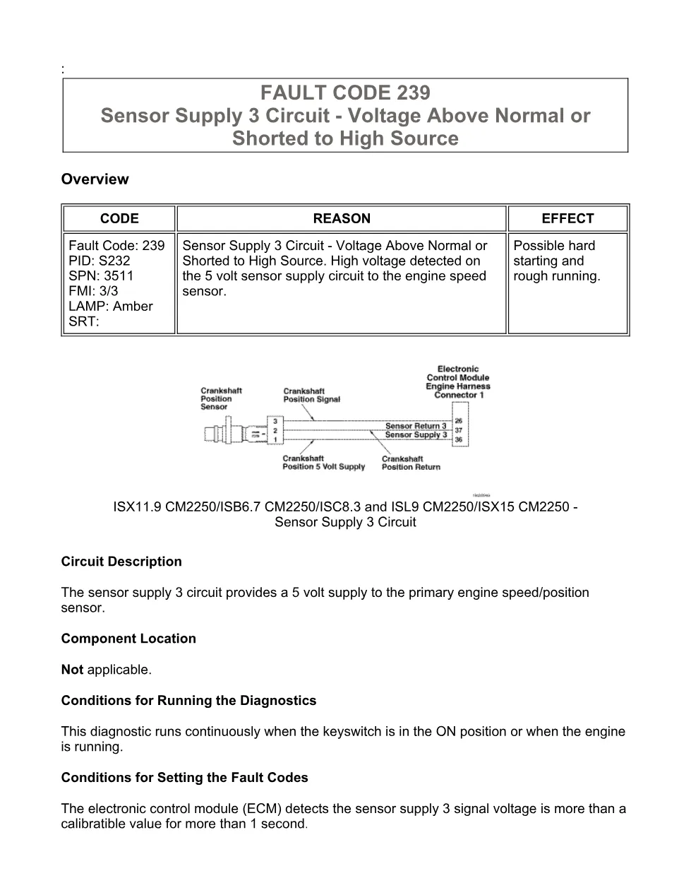Cummins ISX11.9 code 239: Sensor Supply 3 Circuit (SPN 3511 FMI - preview page 1 of 6