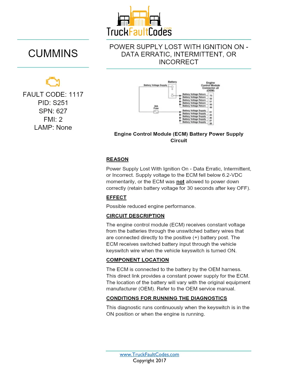 Cummins ISX12 DTC 1117 Diagnostic Procedure ? Power Supply Lost - preview page 1 of 3