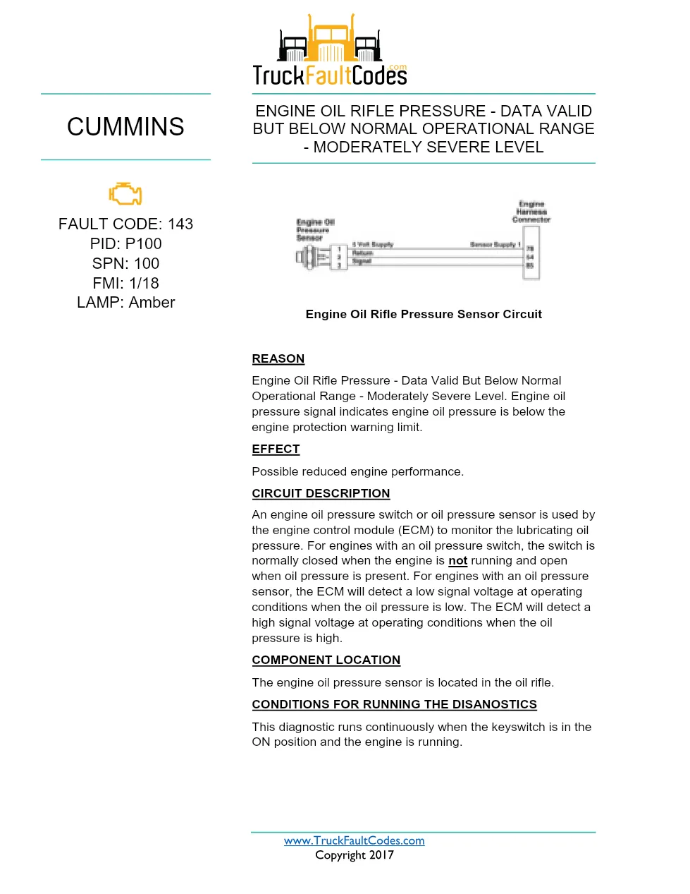 Cummins ISX12 DTC 143 Diagnostic Procedure ? Engine Oil Rifle - preview page 1 of 3
