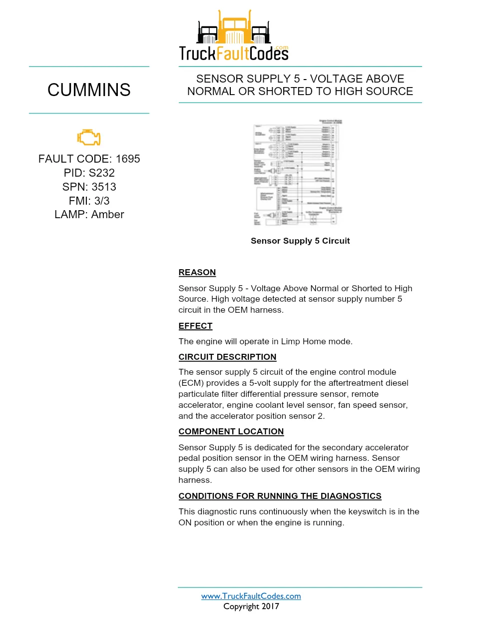 Cummins ISX12 DTC 1695 Diagnostic Procedure ? Sensor Supply 5 - preview page 1 of 3