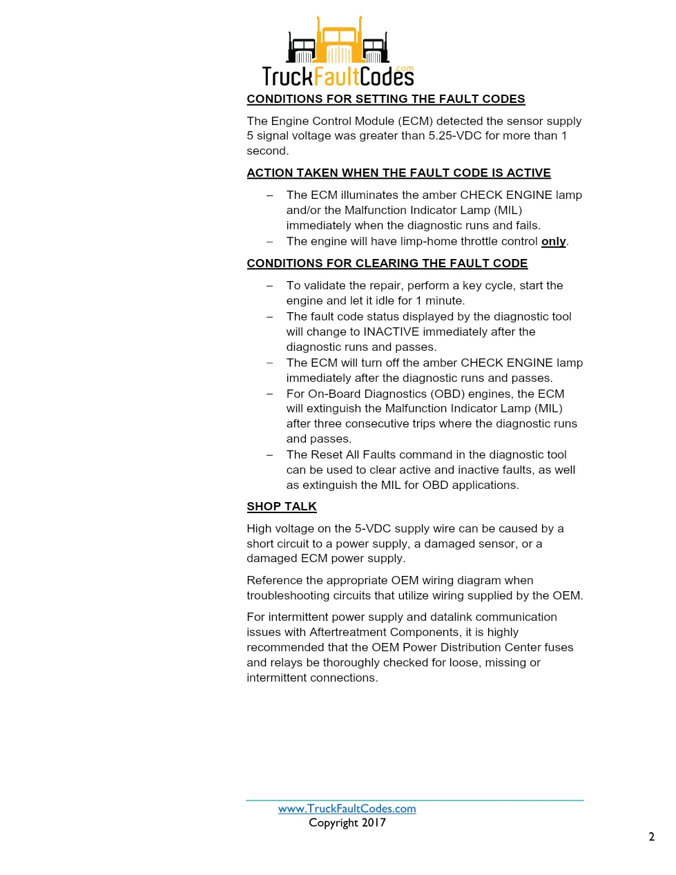 Cummins ISX12 DTC 1695 Diagnostic Procedure ? Sensor Supply 5 - preview page 2 of 3