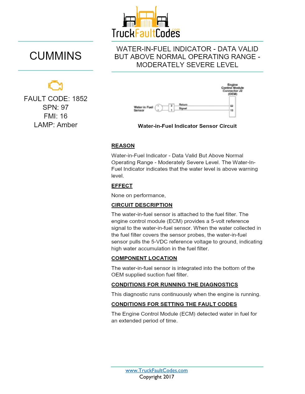 Cummins ISX12 DTC 1852 Diagnostic Procedure ? Water-in-Fuel – PDF - preview page 1 of 3