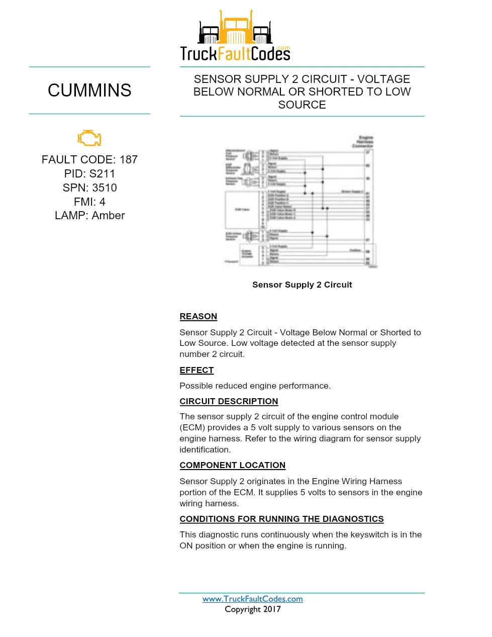 Cummins ISX12 DTC 187 Diagnostic Procedure ? Sensor Supply 2 - preview page 1 of 3