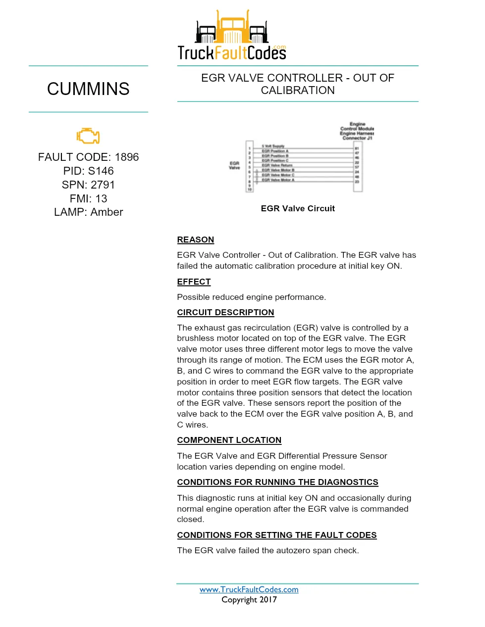 Cummins ISX12 DTC 1896 Diagnostic Procedure ? EGR Valve – 5 pages - preview page 1 of 3