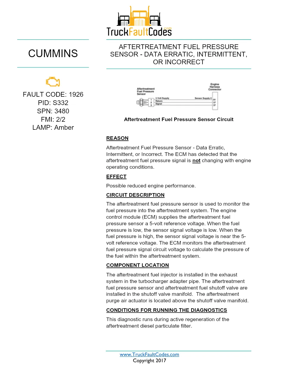 Cummins ISX12 DTC 1926 Diagnostic Procedure ? Aftertreatment Fuel - preview page 1 of 3