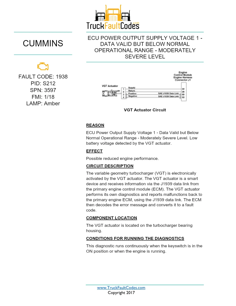 Cummins ISX12 DTC 1938 Diagnostic Procedure ? ECU Power Output - preview page 1 of 3