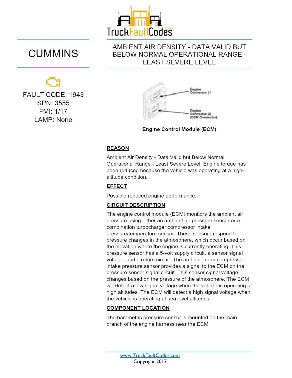 Cummins ISX12 DTC 1943 Diagnostic Procedure ? Ambient Air Density - preview page 1 of 3